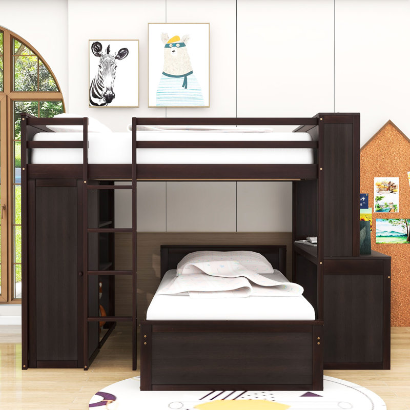 Crone Full Over Twin 2 Drawers Wood Bunk Bed with Shelves,Desk and Wardrobe, Espresso