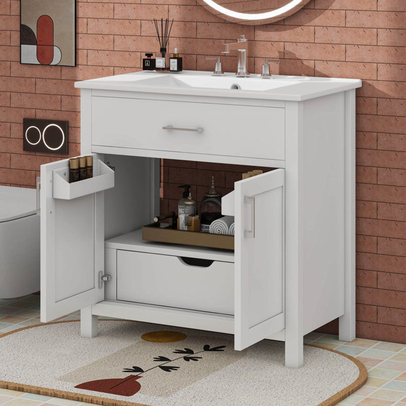 Meuble-lavabo de 30 pouces avec lavabo en céramique et beaucoup de rangement, Blanc