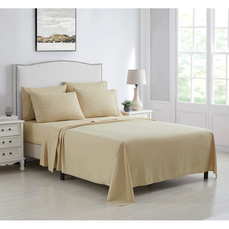 Kathy Ireland 6 Piece Brushed Microfiber Sheet Set, Full Sheet Set + 1 Fitted Sheet + 4 Pillowcases, Beige