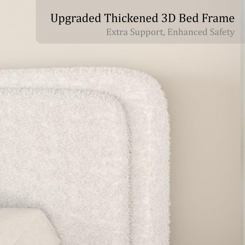 Haden Lambswool Boucle Upholstered Platform Bed Frame with Headboard, White, Full