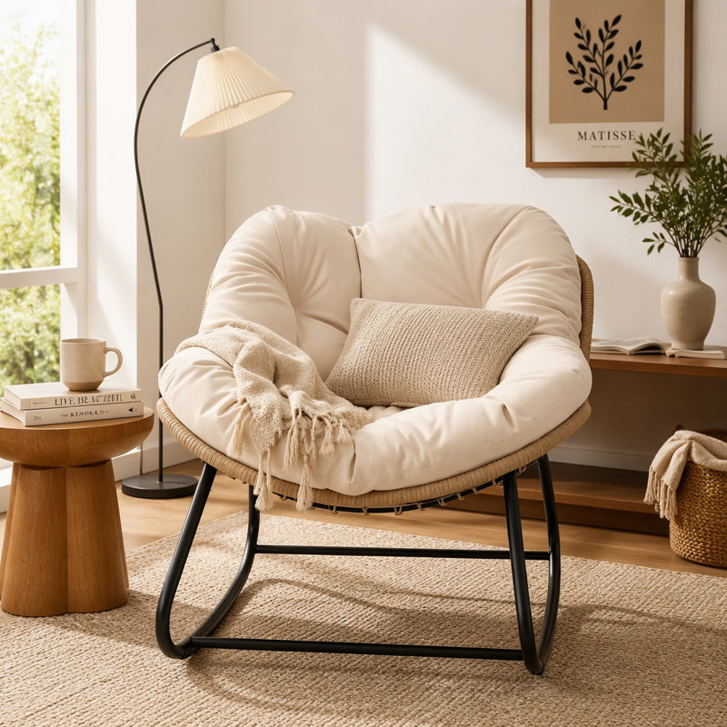 Fauteuil à bascule berçant, conception surdimensionnée avec coussin, parfait pour la détente intérieure et extérieure dans la cour, le patio, le jardin