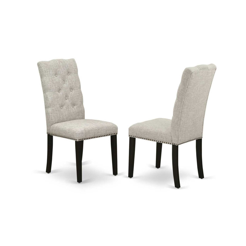 3 Piece Kitchen Table & Chairs Set Contains a Round Dining Room Table with Pedestal and 2 Doeskin Linen Fabric Upholstered Chairs, Wirebrushed Black