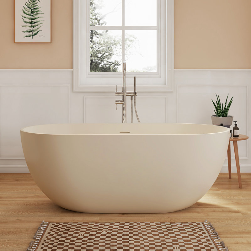 Fslefay 59'' Freestanding Bathtub Solid Surface Deep Soaking Tubs, Beige