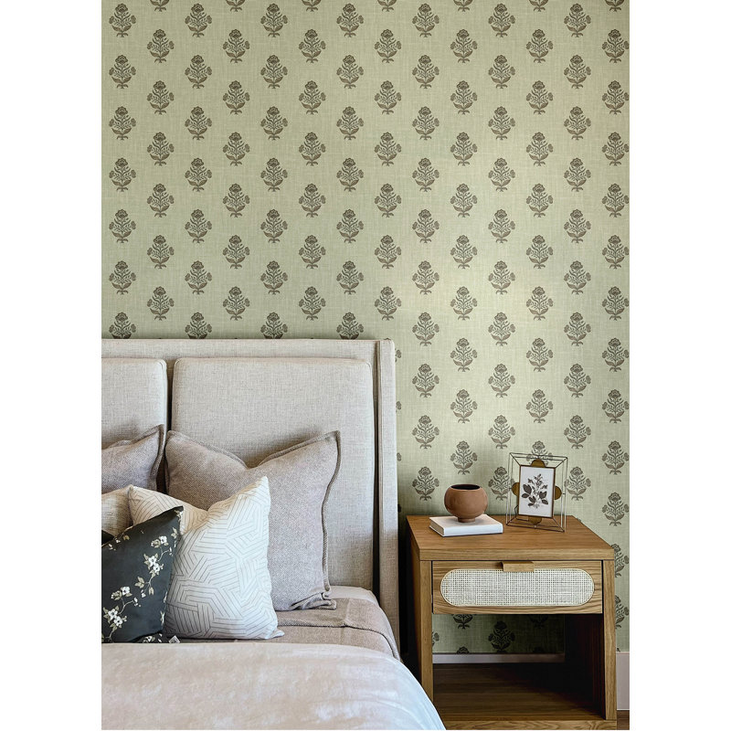 Papier peint fleuri Hollyhock, Vert