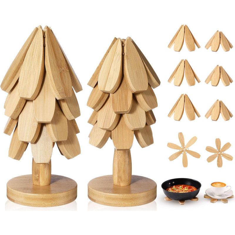 Ensemble de 8 sous-verres Tree, sous-plat en bois pour plats chauds, 2 sous-pieds pliables en forme d'arbre avec 2 supports, tapis décoratif pour tapis de cuisine décoratifs pour fondue, casseroles, tasses (bois de bambou)