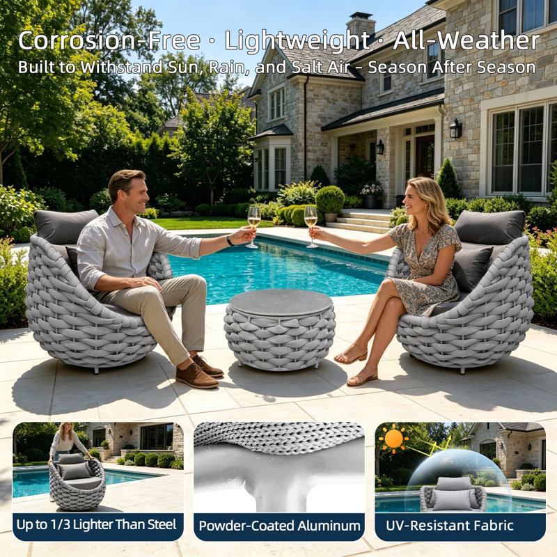 Ensemble de chaises de patio pour 2 personnes avec table basse, 3 Pcs: Table, 2 Chairs, Dark Grey, Light Grey Textilene Rope