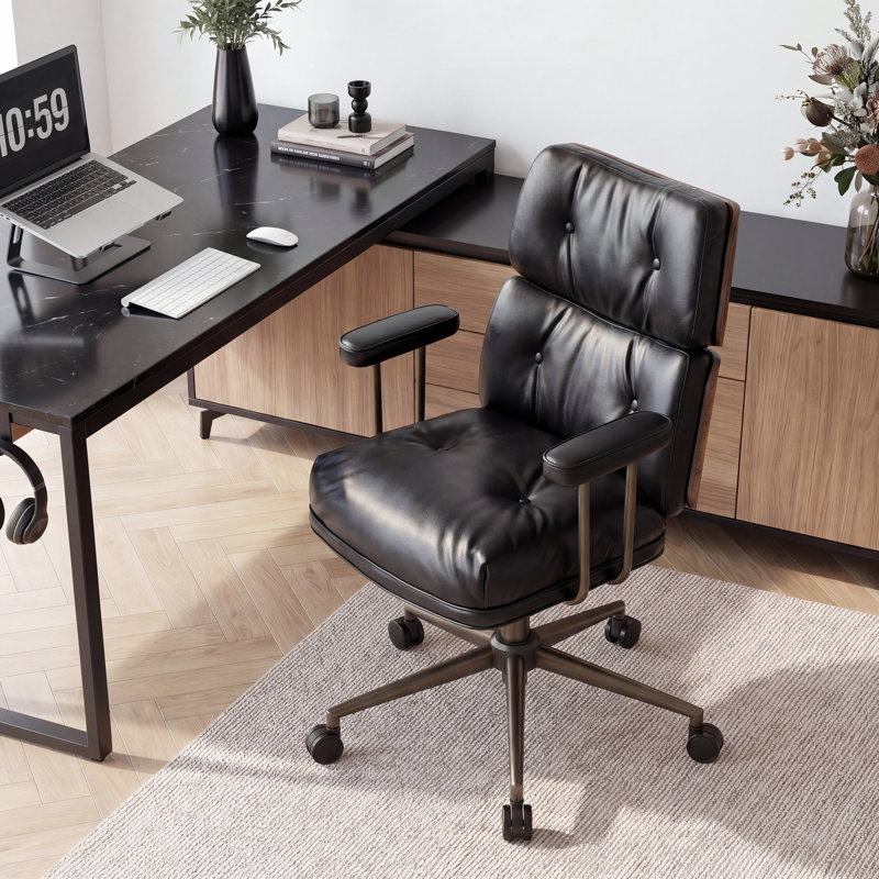 Ergonomic Faux Leather Swivel Office Chair with Walnut Wood Backrest, Black