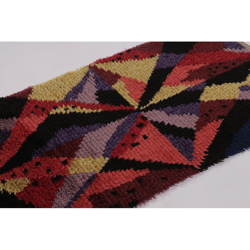 Vintage Swedish Rya Rug, Black With Radiating Geometric Abstract - Rug & Kilim