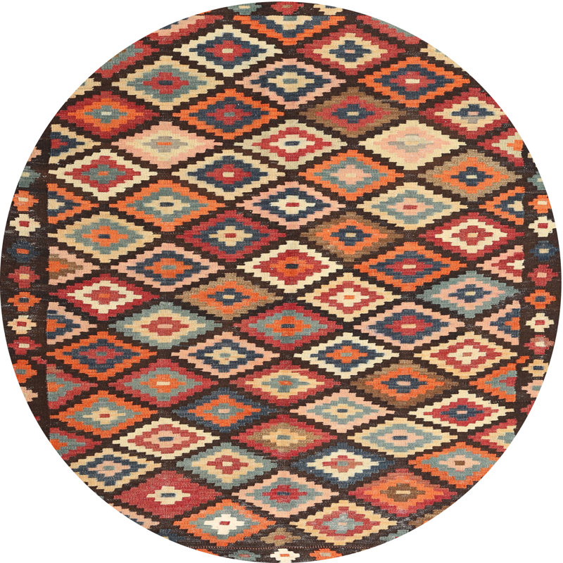 Tapis contemporain rouge / beige / noir, Rond 7 pi