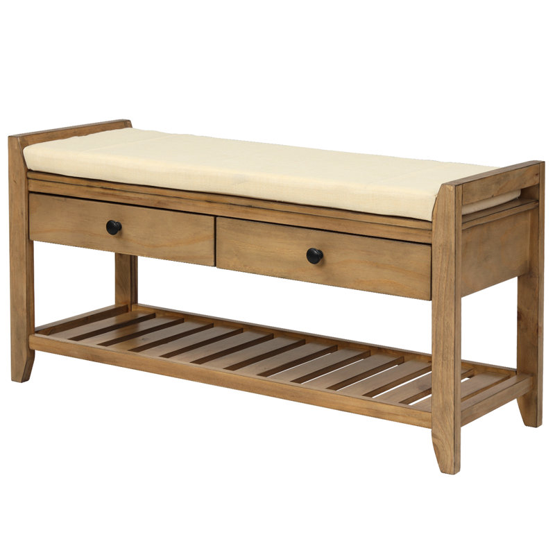 Banc de rangement polyvalent pour chaussures avec siège rembourré et tiroirs, Bois de pin vieilli