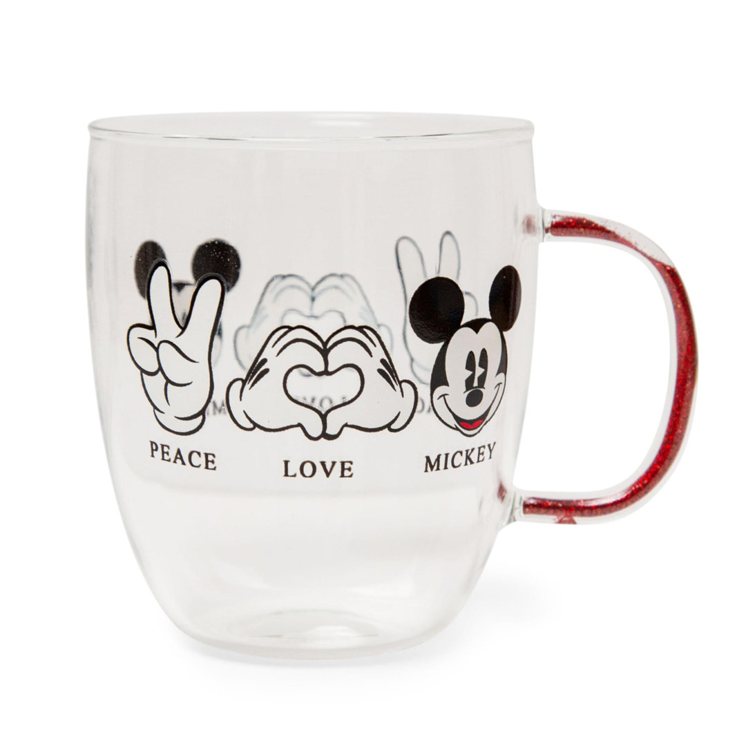 Disney "peace Love" Mickey Mouse Glitter Handle Glass Mug | Holds 14 Ounces Silver Buffalo