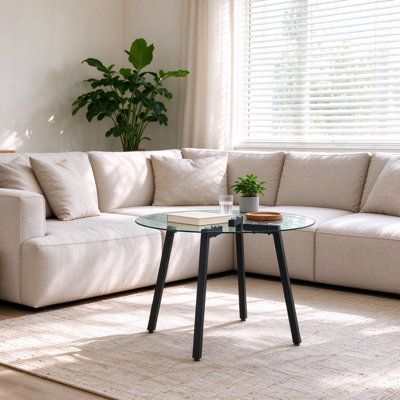 Table de salle à manger à plateau en verre trempé de 42 po de diamètre avec base en métal noir robuste pour appartement et salon