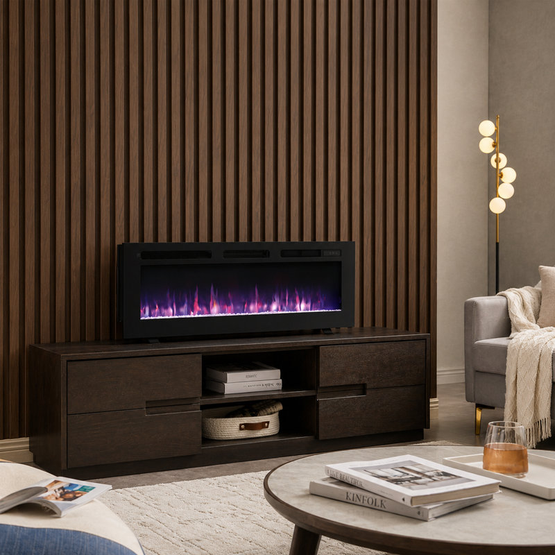 WILTON FLAMEKO Black Recessed Wall Mounted Electric TV Stand, 43cm H x 127cm W x 14cm D