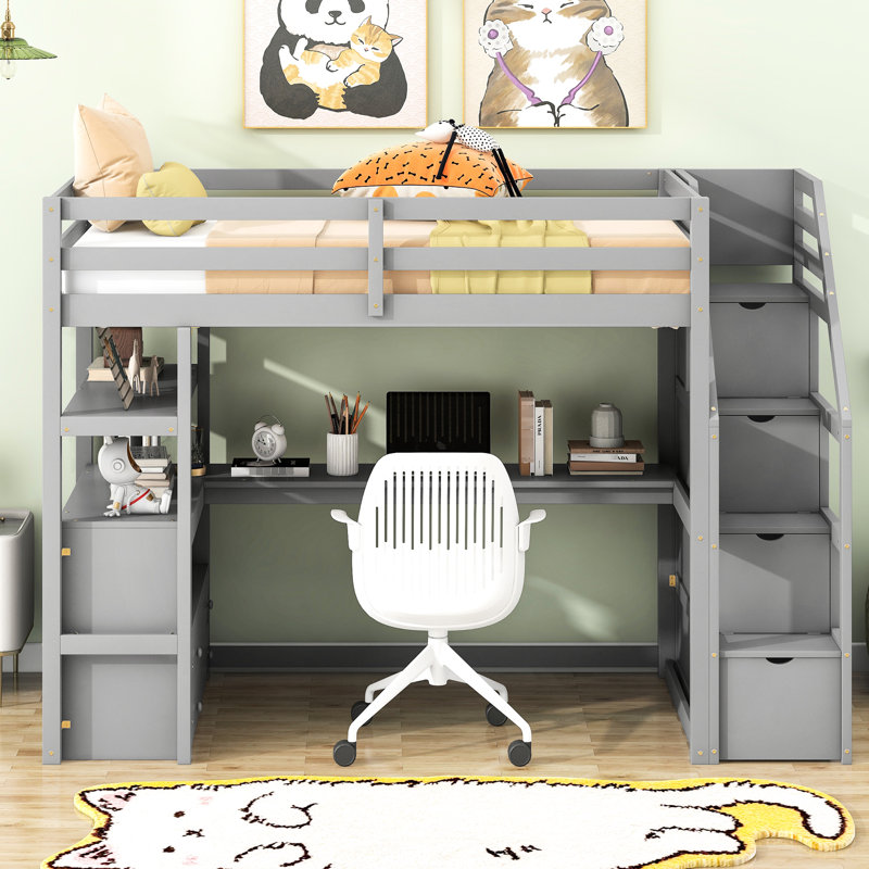 Lit mezzanine simple avec bureau, tablettes et escalier de rangement robuste gris, Lit simple, Gris