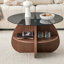 Table basse à structure croisée Creative avec plateau en verre trempé gris et rangement en forme d'éventail de couleur noyer. Parfait pour les salons, comme table basse ou table d'appoint. Idéal pour les petits espaces