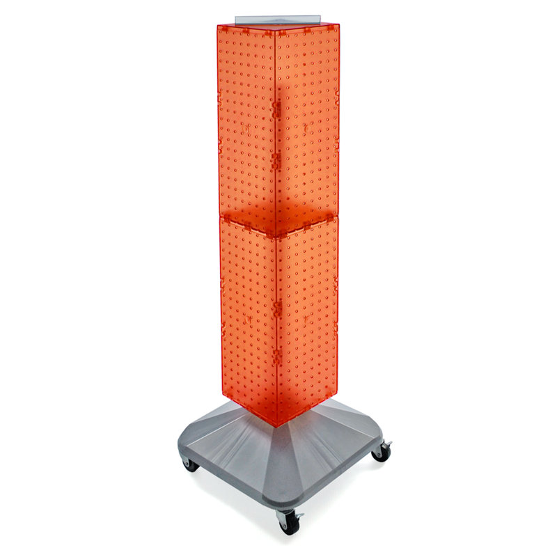 Four-Sided Pegboard Floor Display on Revolving Wheeled Base. Spinner Rack Tower. Panel Size: 8"W x 40"H, Orange