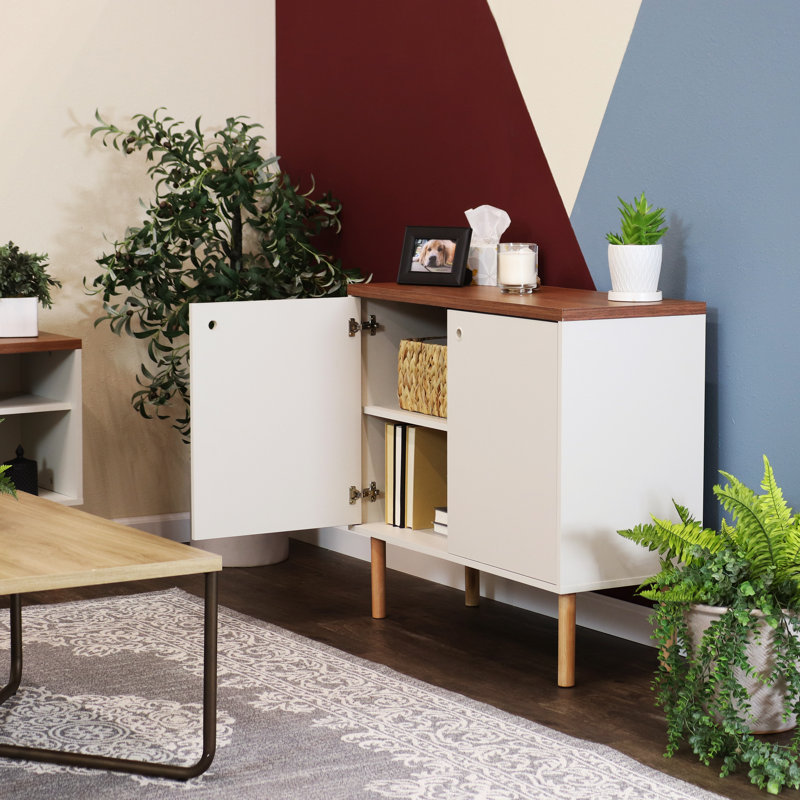 Armoire d'appoint 2 portes avec tablettes Ashaun Mid-Century - Latte, Latté