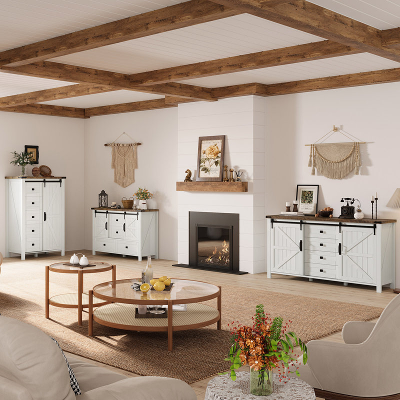  60" Farmhouse Sideboard with Sliding Barn Doors & 4 Drawers, Distressed White, Cream
