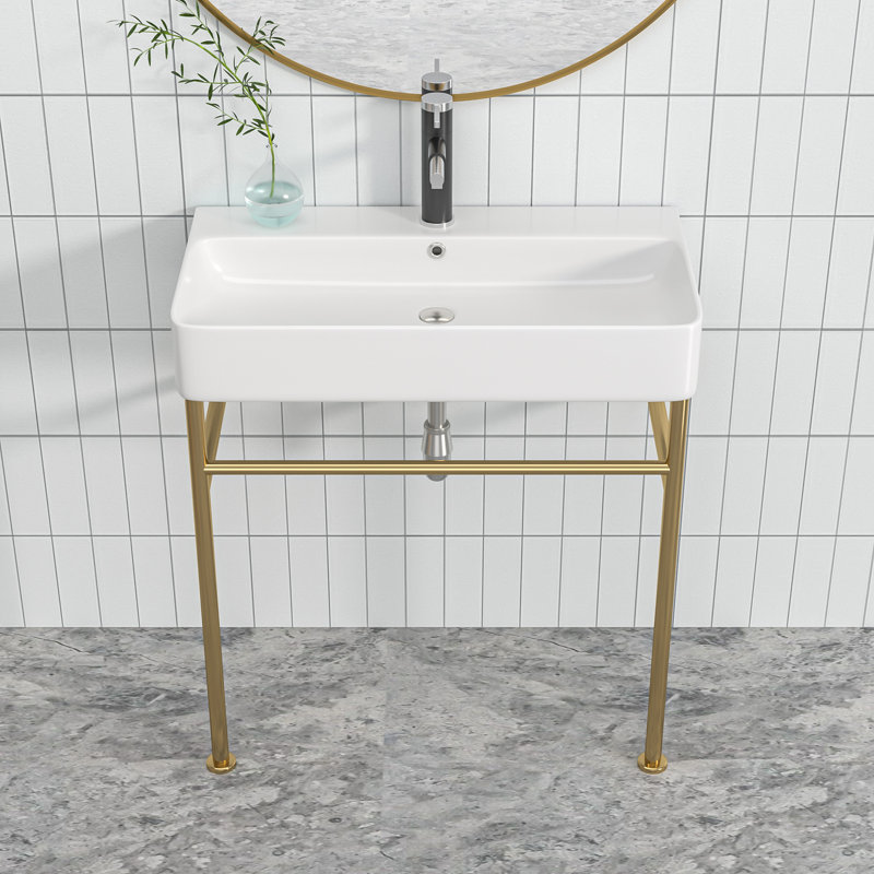 Kichae 16.3'' Ceramic Rectangular Bathroom Sink with Overflow, White/Gold