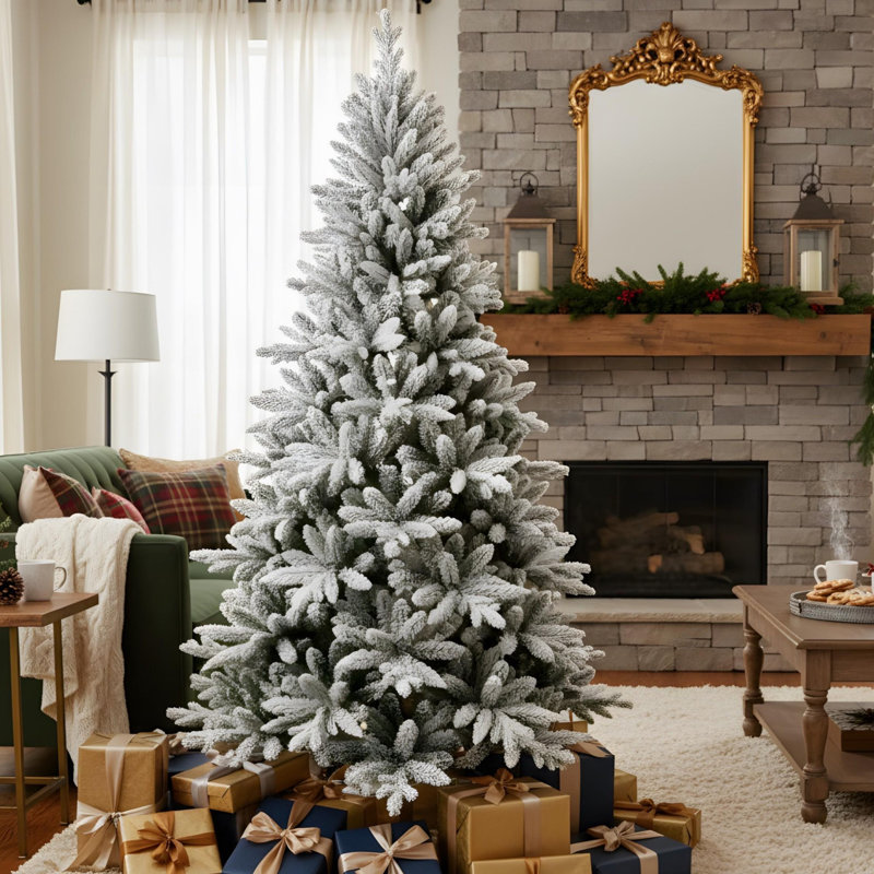 Arbre de Noël moderne enneigé 7 pi avec 1514 pointes, H 7 pi
