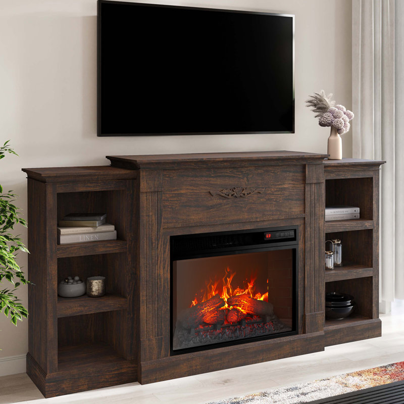 Maranto 70" Electric Fireplace Heater Mantel TV Stand & Media Entertainment Center, Fireplace heater  included, Brown