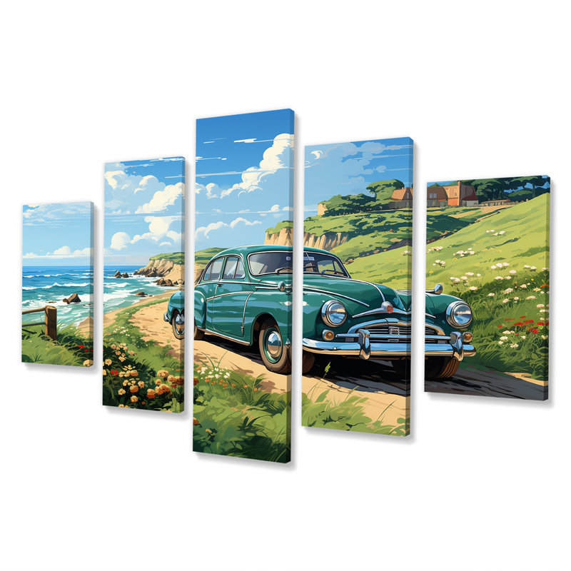 Green American Classic Car On A Beach I - Car Old American Multipanel Wall Art