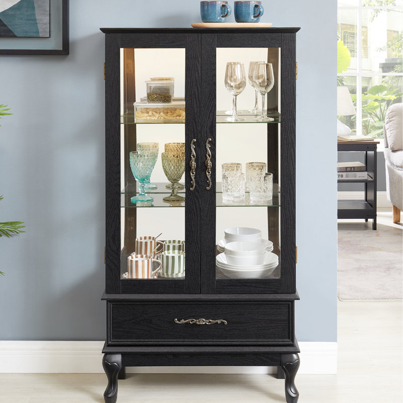 Présentoir à vin 2 portes avec tablettes réglables, lumières DEL, miroir arrière, portes en verre avec rangement rétro pour la maison, finition noire, poignée, tiroir caché, éclairage