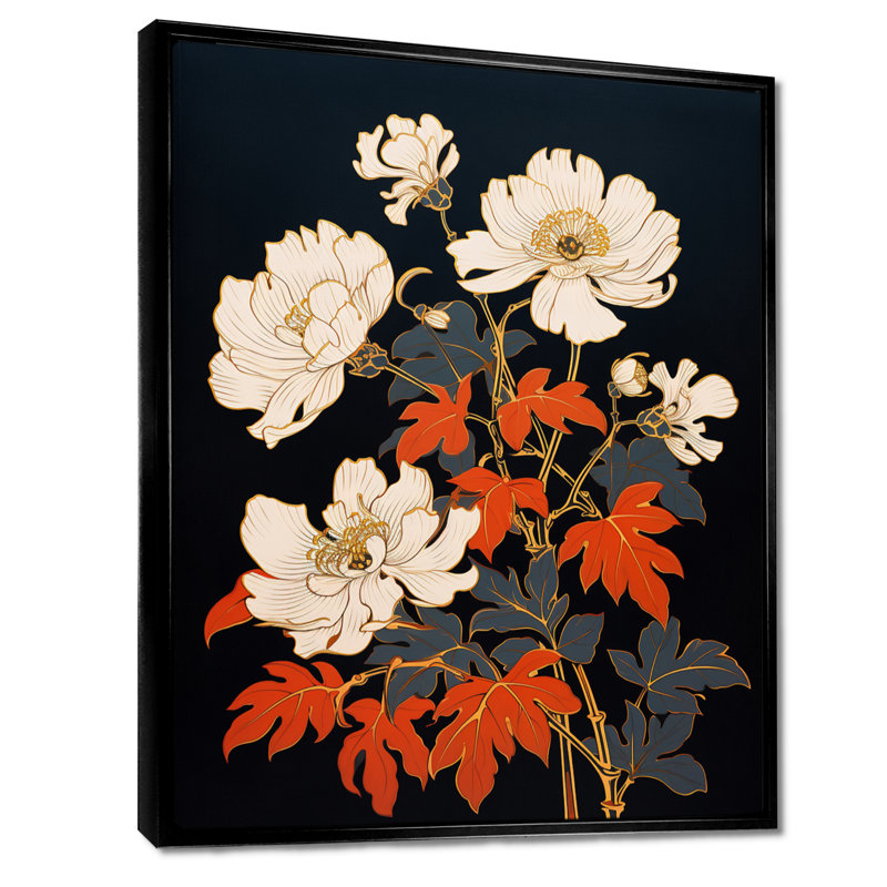 Illustration rétro de pivoines blanches - pivoines, Cadre flottant noir, bois massif, H 20 po x l 12 po