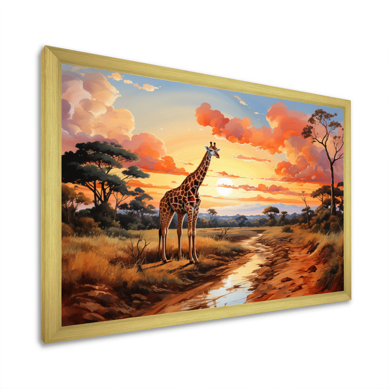 " African Girafes In Savanna II ", 12" H x 20" W x 1" D, Gold Picture Framed