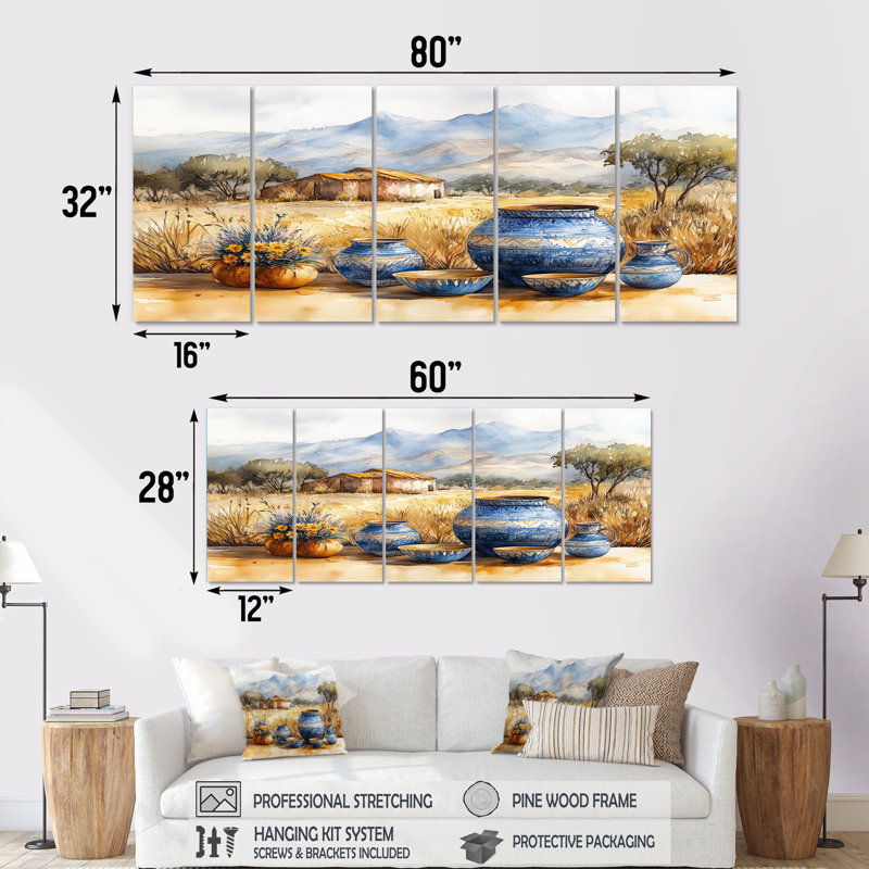Art mural brun sur toile, art africain du désert III - Boho Pottery, H 32 po x l 80 po