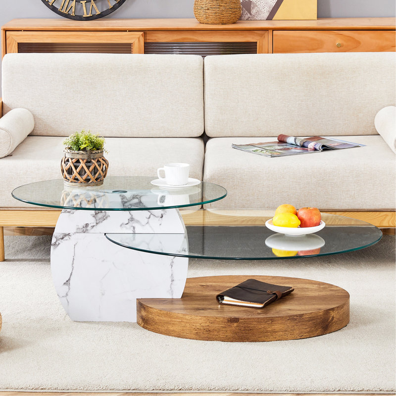 Table basse contemporaine à double couche - plusieurs couleurs disponibles. Autocollant de panneau de densité, verre renforcé.