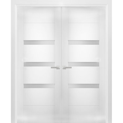 Portes doubles françaises massives en verre opaque, modèle 6900, blanc soie, cadre en bois massif, portes de placard modernes pour chambre à coucher, 91,4 cm x 203,2 cm