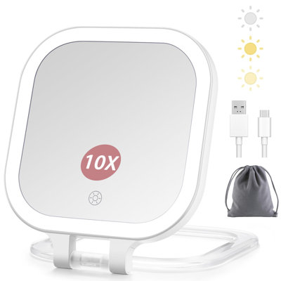 Rechargeable Travel Makeup Vanity Mirror With Lights And Magnification, Portable 1X/10X Magnifying Mirror With 3 Color Light, Lighted Makeup Mirror With Magnification, Folding LED Desk Mirror