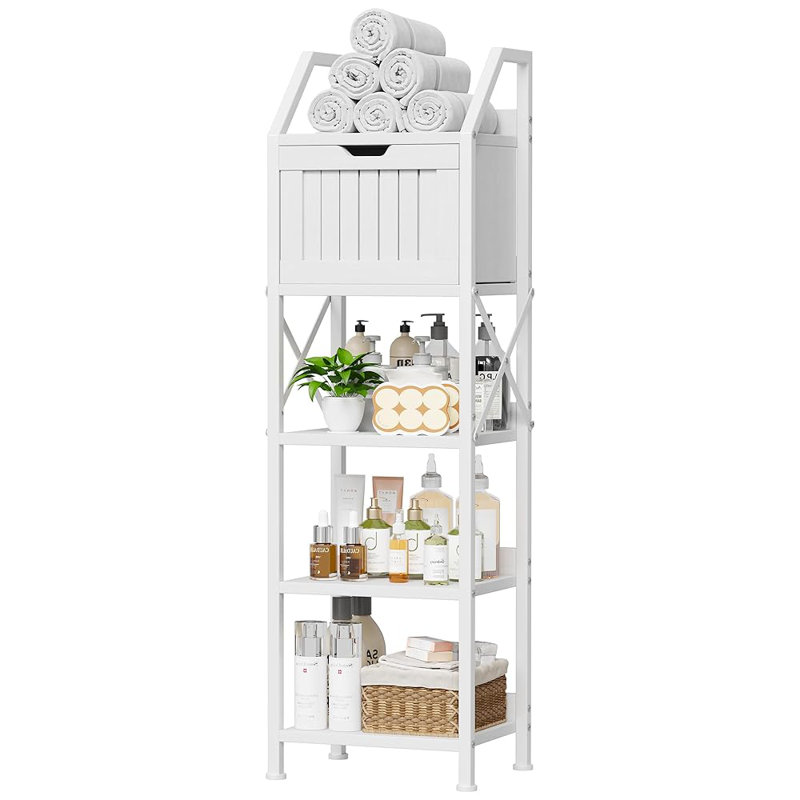 Bathroom Floor Cabinet, 5-Tier Bathroom Storage Organizer Rack with Drawer, Multifunctional Corner Unit, 47.24 Inches in Height, White