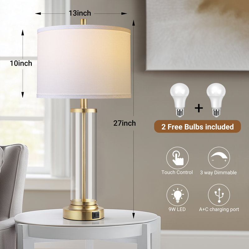 27" Modern Table Lamp for Bedroom Set of 2 with USB A+C Ports, 3-Way Dimmable Bedside Lamp for Living Room Bedroom (Bulbs Included)