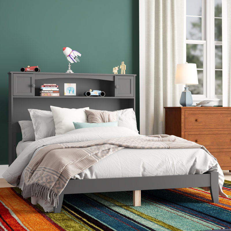 Brevyn Solid Wood Foundation Bed with Bookcase, Gray