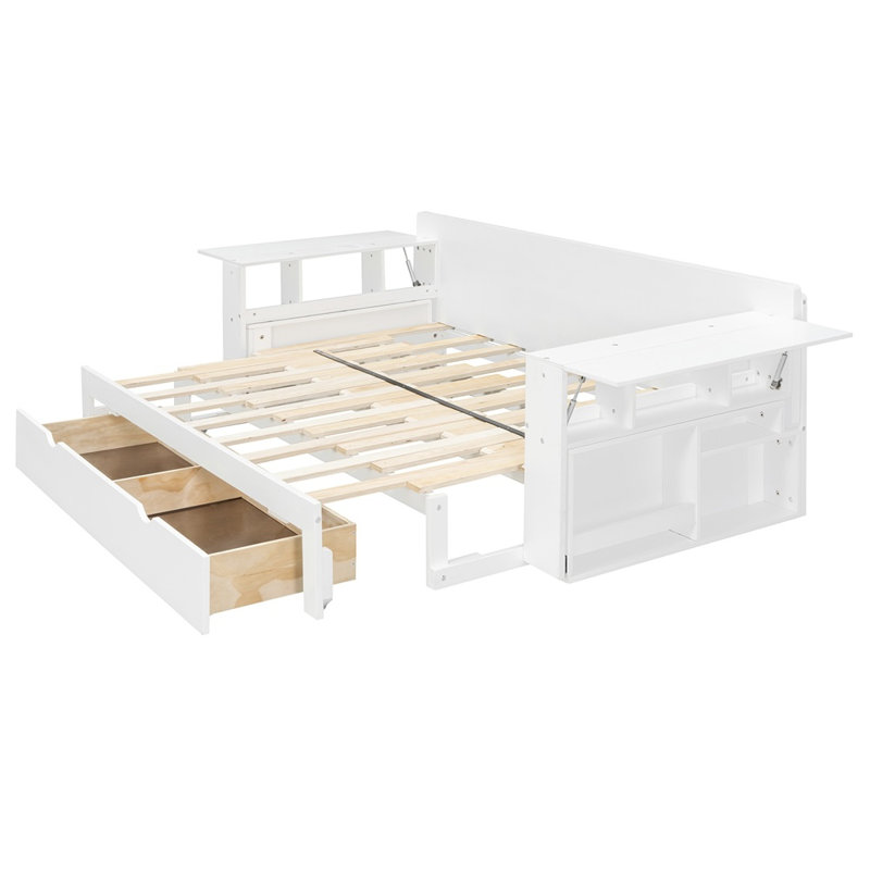Multifunctional Daybed with Removable Desk, Storage Drawers & Hydraulic Side Table, Space-Saving Sofa Bed Frame, White, Full
