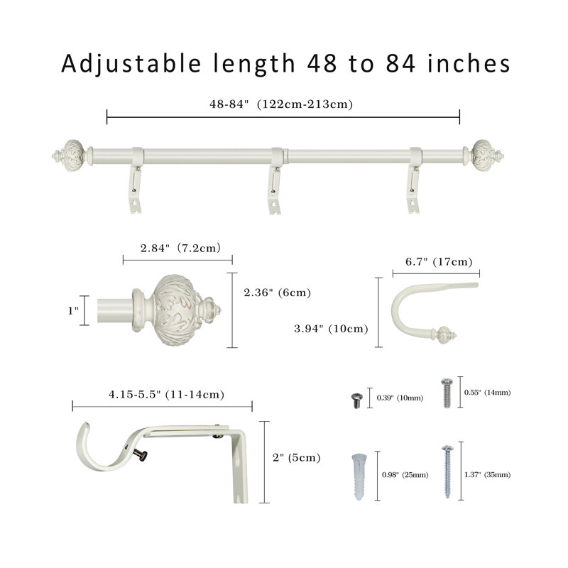 Tringle à rideaux simple réglable Seher de largeur totale x 1 po de diamètre, 48" - 84", Blanc