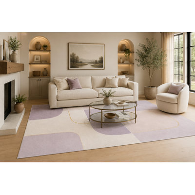 Tapis à blocs géométriques crème et lavande de 6 pi 7 po x 9 pi 10 po «Ultra Léger» pour le salon, tapis doux à poils courts avec envers en silicone antidérapant, décor pour la chambre à coucher et le bureau personnel