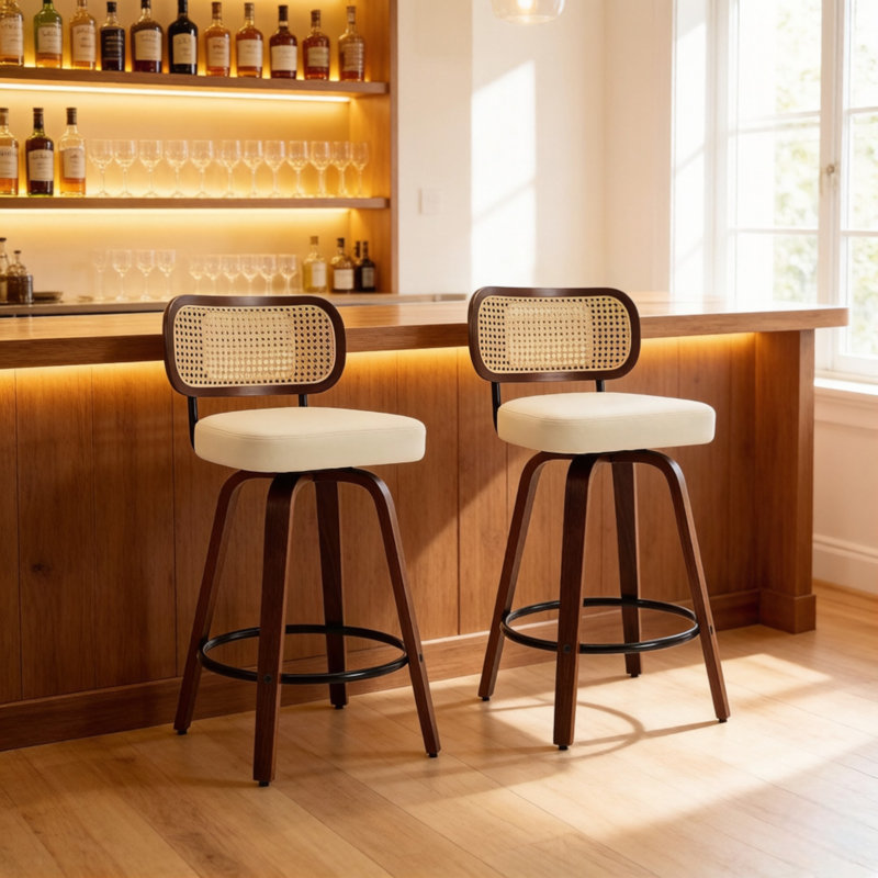 Cicero 25.59" Seat Height Swivel PU Faux Leather Bar Stools With Cane Back For Counter Height, Beige, 3