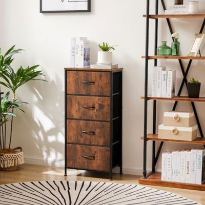 Commode 4 tiroirs, tour de rangement en tissu avec structure en acier robuste et plateau en bois, poignées à tirer facilement, pour la chambre à coucher, le placard, le vestibule, le couloir, brun