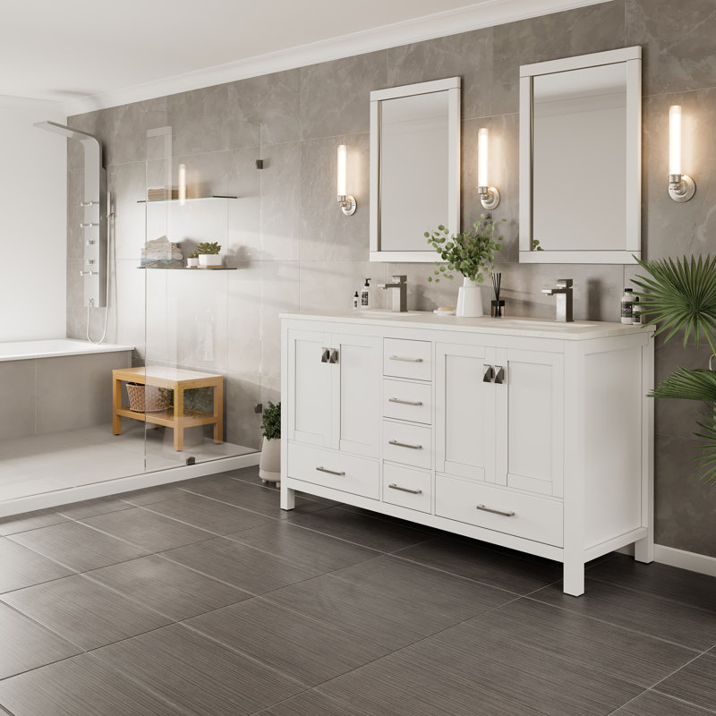 London Double Sink White Bathroom Vanity with Carrara Quartz Countertop