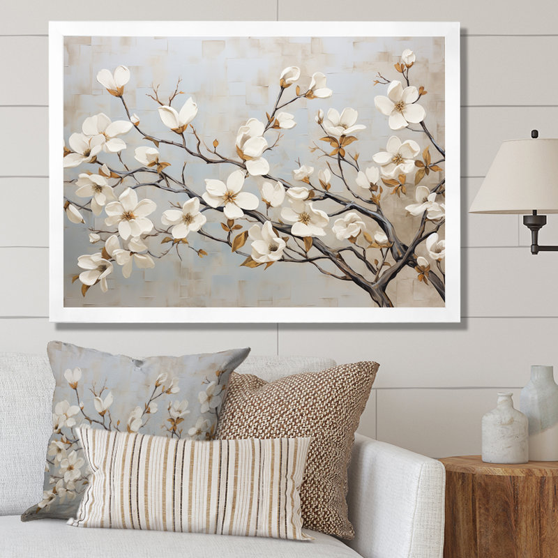 Beige blanc cornouiller Peacefulness - art mural cornouiller, Cadre simple blanc, H 30 po x l 40 po x P 1,5 po