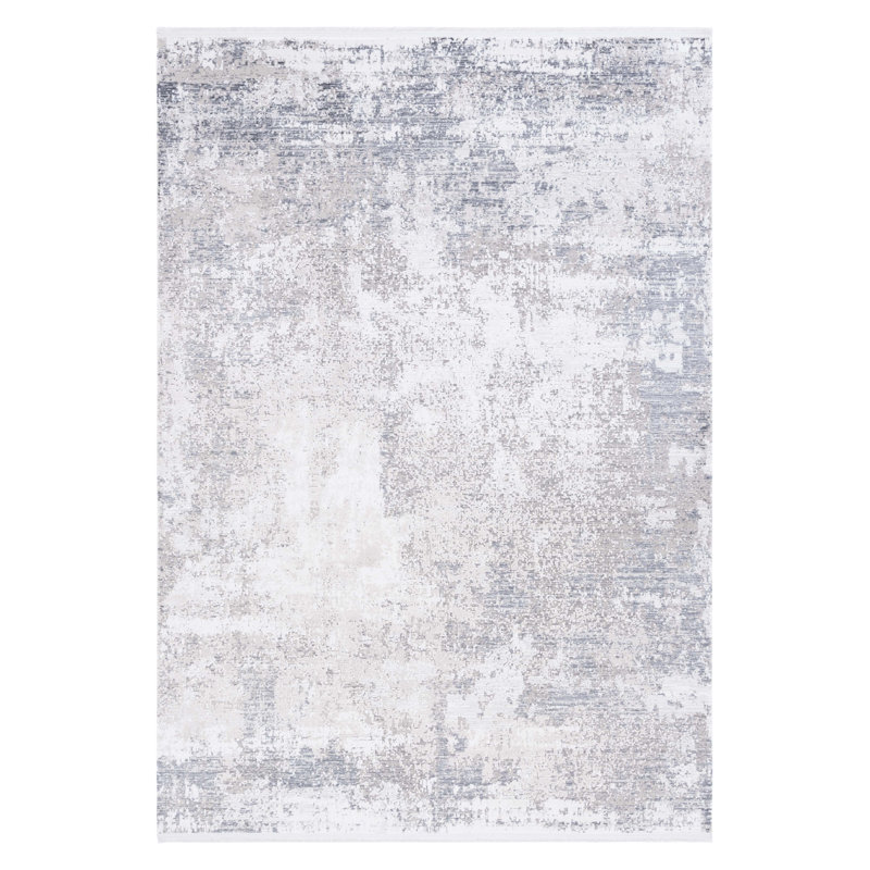 Tapis rectangulaire gris / ivoire en polyester tissé à la machine, Rectangle 6 pi 7 po x 9 pi 6 po