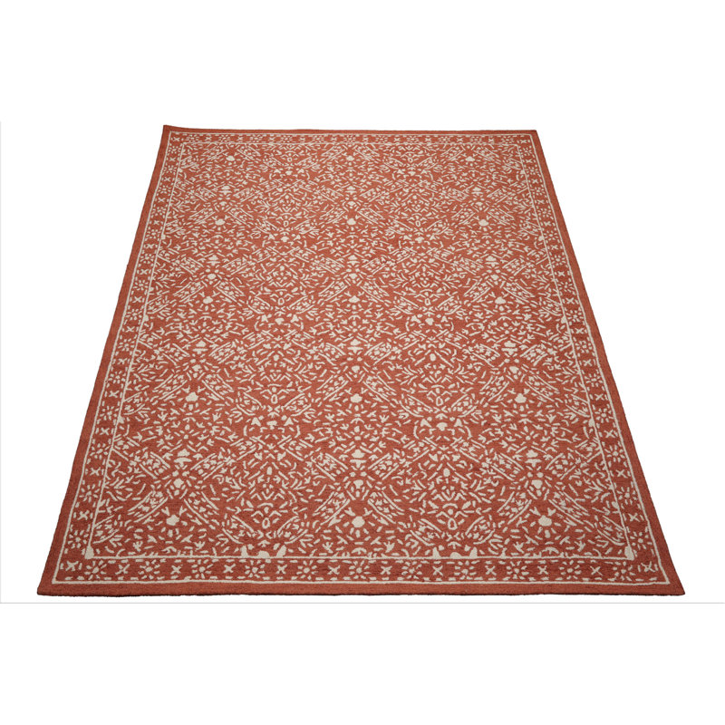 Tapis transitionnel en laine terracotta avec motif crocheté plein champ, Rectangle de 5 pi x 8 pi