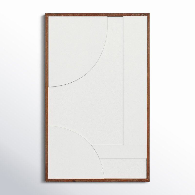 White Geometric Textured Wall Art with Brown Solid Wood Frame