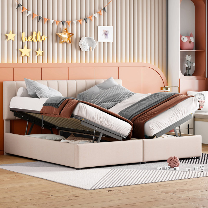 Lit plateforme tapissier Chittum avec système de rangement hydraulique, Beige