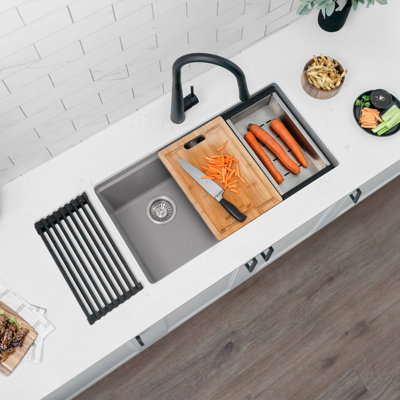 Stylish Pietra Dual-Mount 33" Composite Granite Double Bowl Kitchen Sink