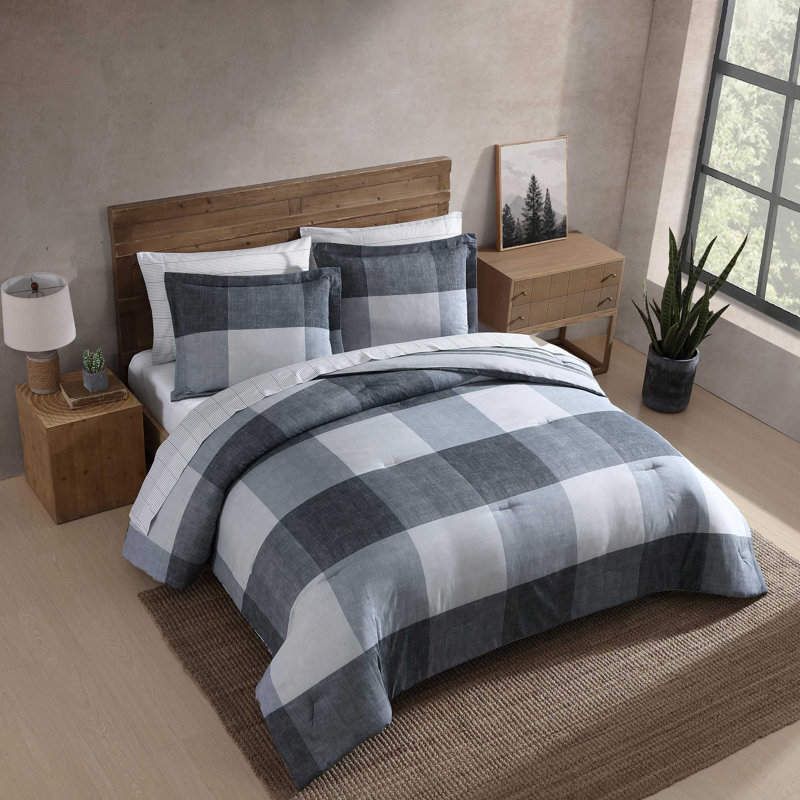 Eddie Bauer Plaid Grey Reversible Bonus Bed Set, King Comforter + 6 Additional Pieces