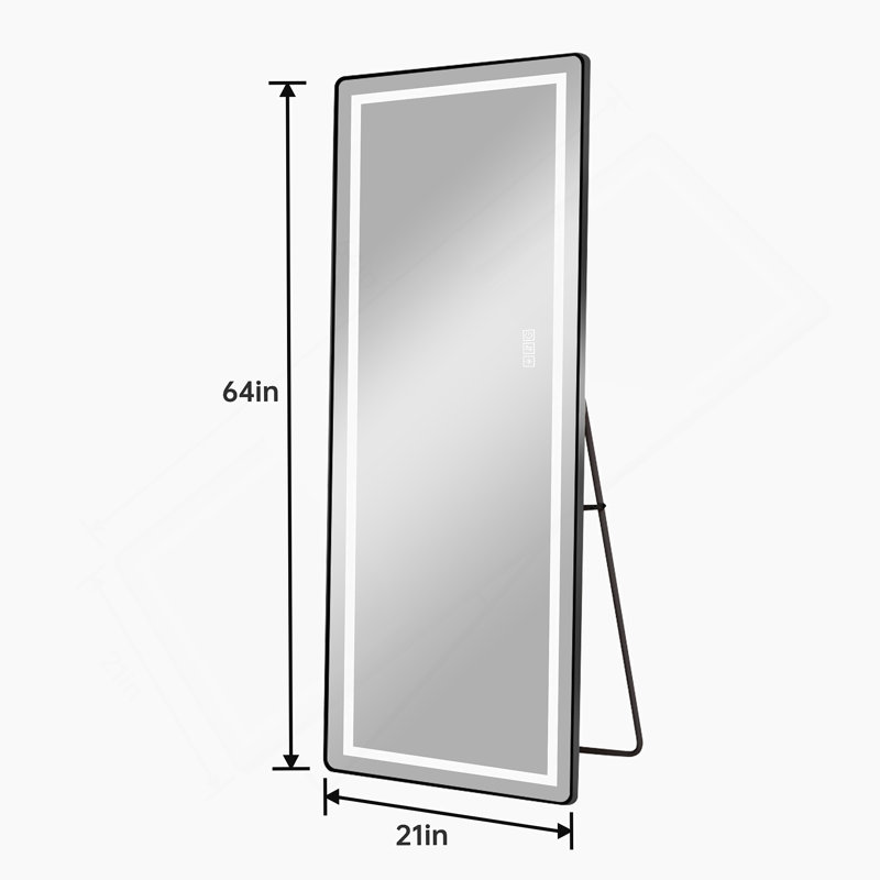 Miroir vertical pleine longueur 64 po x 21 po avec lumière DEL, miroir de sol éclairé avec support, miroir mural à intensité variable avec cadre mince en alliage d'aluminium pleine longueur, noir